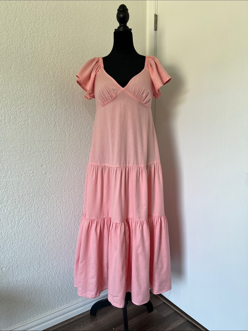 Billabong Pink Tiered Maxi Dress with Flutter Sleeves
